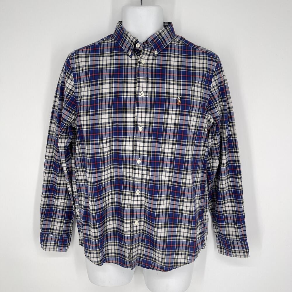 Ralph Lauren Cotton Plaid Shirt Boys Youth XL 18-20 Long Sleeve Blue White Plaid